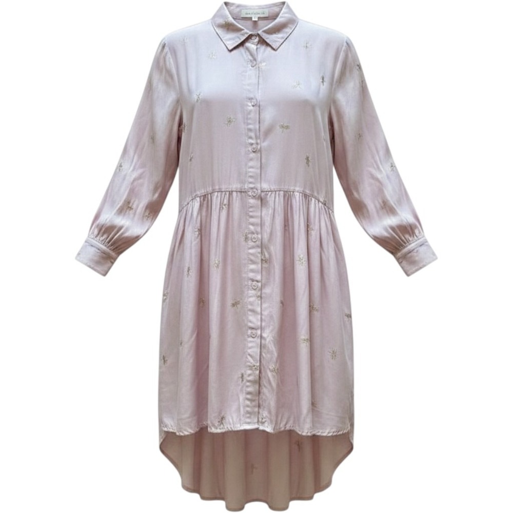 Solitaire Shirt Dress Large Pink Gold Dragonfly High Low‎ Fairycore